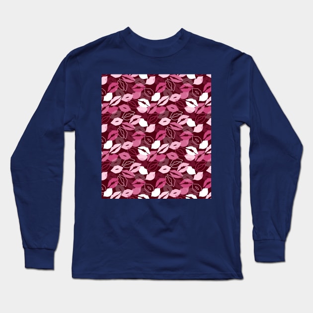 Passionate Red Pink Lips Kissing Pattern Long Sleeve T-Shirt by FlinArt